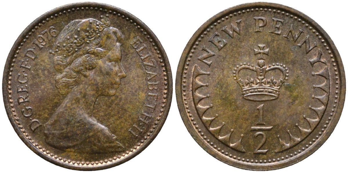 Великобритания 1/2 пенни 1976 Елизавета II (1952-2022) KM 914, Spink 4239 бронза 4567-439