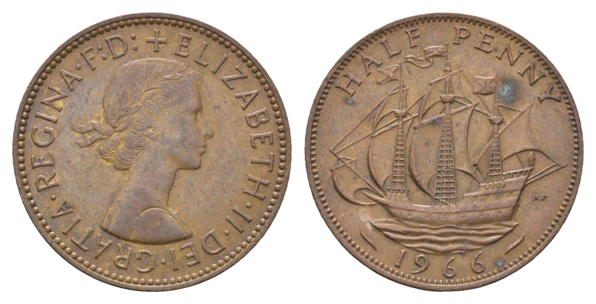 Великобритания 1/2 пенни 1966 Елизавета II (1952-2022) KM 896, Spink 4158 бронза 4663-123