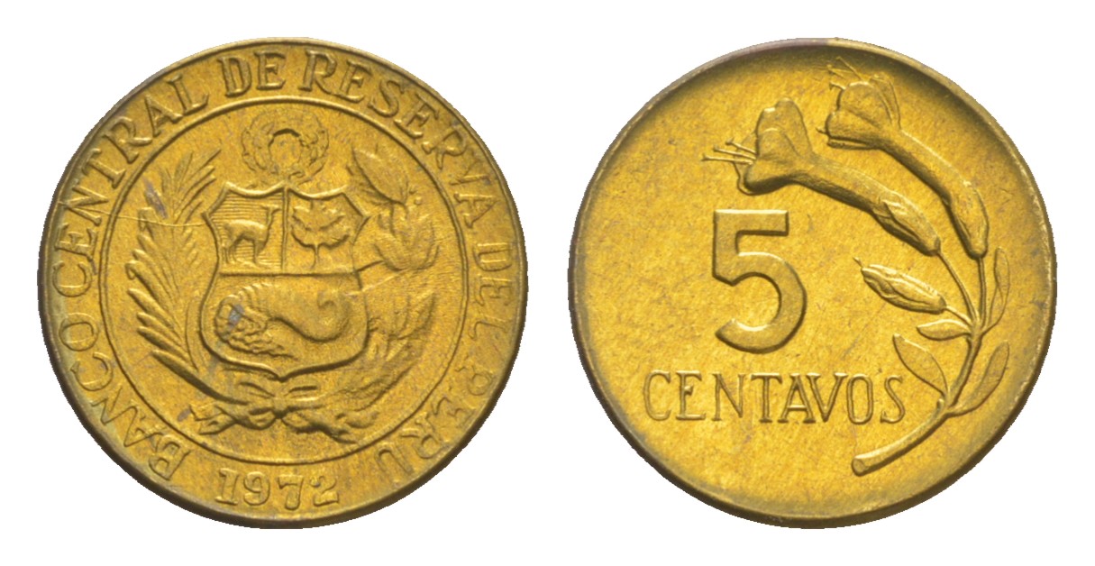 Перу 5 сентаво 1972  KM 244.2 латунь  aUNC  M70-02