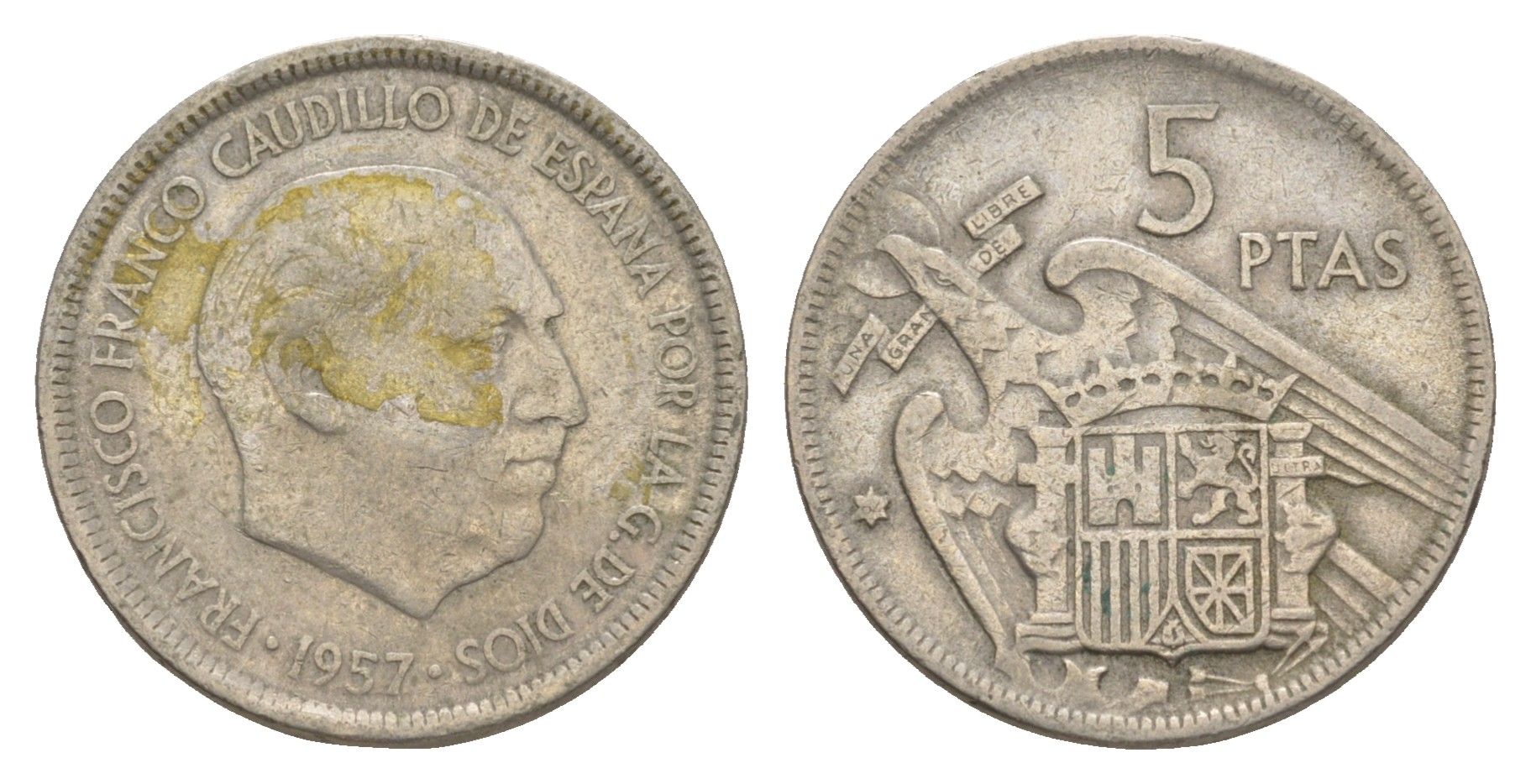 Испания 5 песет 1957 (64) Франсиско Франко (1939-1975) KM 786 медно-никель 4538-424