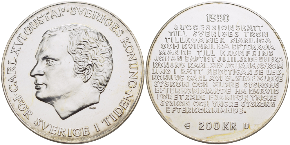 Швеция 200 крон 1980 U, Карл XVI Густав (1973- ), шведский королевский свод законов о престолонаследии, в оригинальной пластиковой упаковке KM 860 серебро PROOFLIKE 1072-7-13