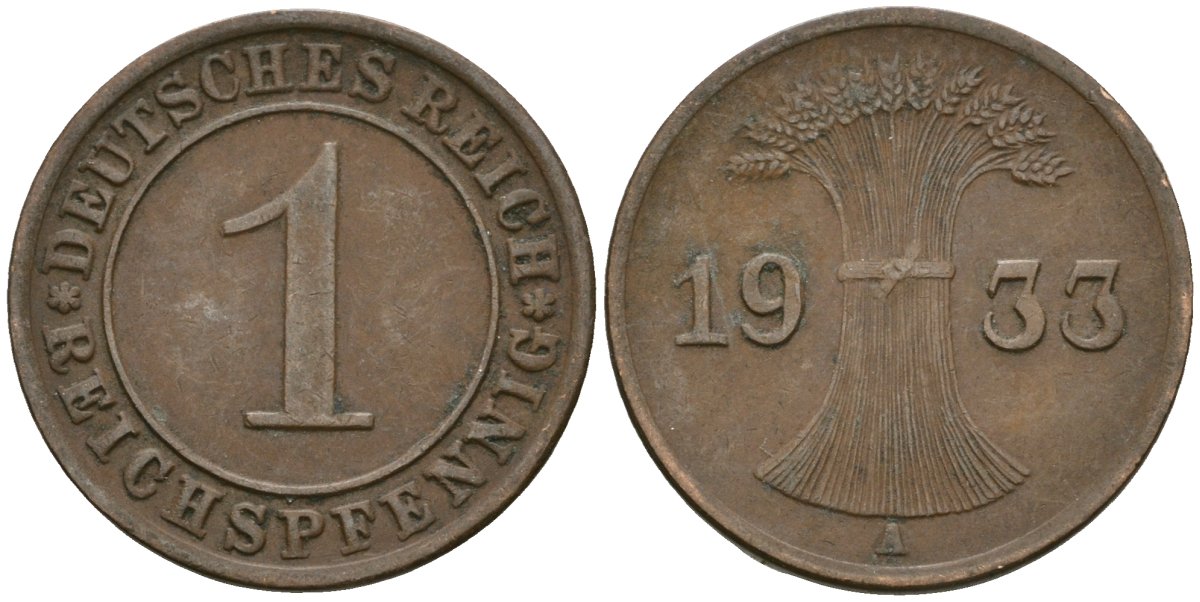 Германия 1 рейхспфенниг 1933 A KM 37, J. 313 бронза 4189-1162