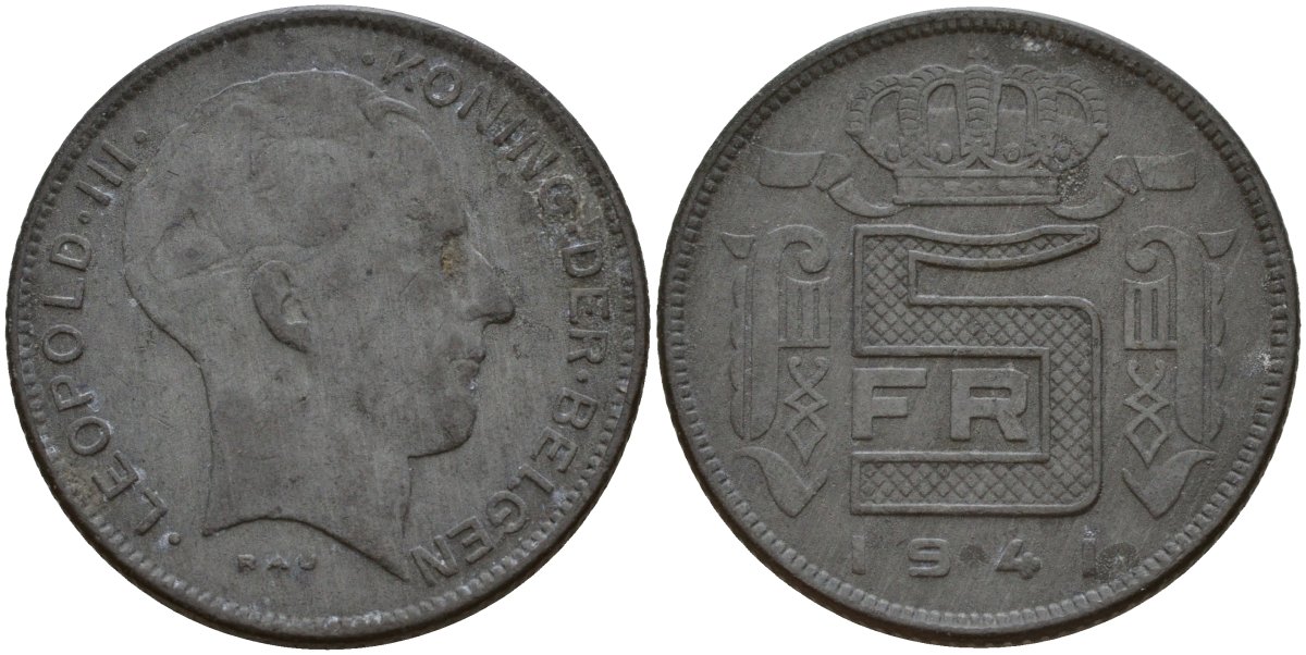 Бельгия 5 франков 1941 DES BELGEN, Леопольд III (1934-1947) KM 129 цинк 4161-921