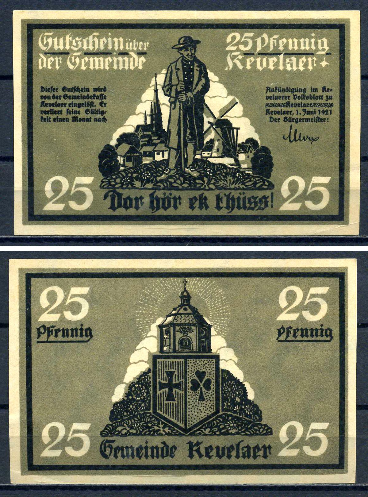 Кевелар (Пруссия) 25 пфеннигов 1921 DeNG 1/2 0690.1-2/3 бумага aUNC 7556-17-2-1