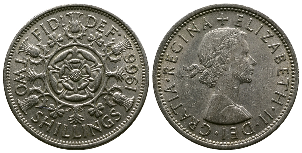 Великобритания 2 шиллинга (флорин) 1966 Елизавета II (1952-2022) KM 906, Spink 4146 медно-никель 4382-635