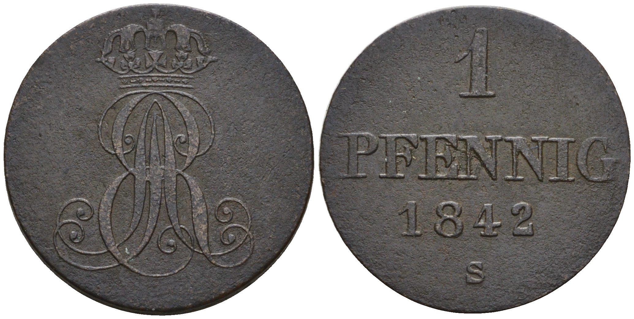 Ганновер 1 пфенниг 1842 S, Эрнст Август (1837-1851) KM 173.3, AKS 128, J. 54 медь 4608-352