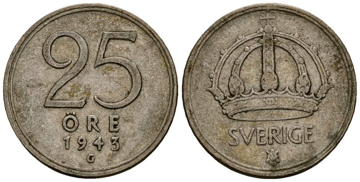 Швеция 25 эре 1943 Густав V (1907-1950) KM 816 серебро 4164-1023