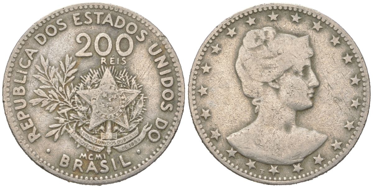 Бразилия 200 реалов 1901 MCMI, голова свободы вправо KM 504 медно-никель 4612-343