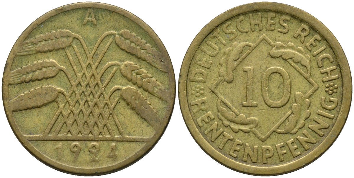 Германия 10 рентенпфеннигов 1924 A KM 33 алюминиевая бронза 4163-751