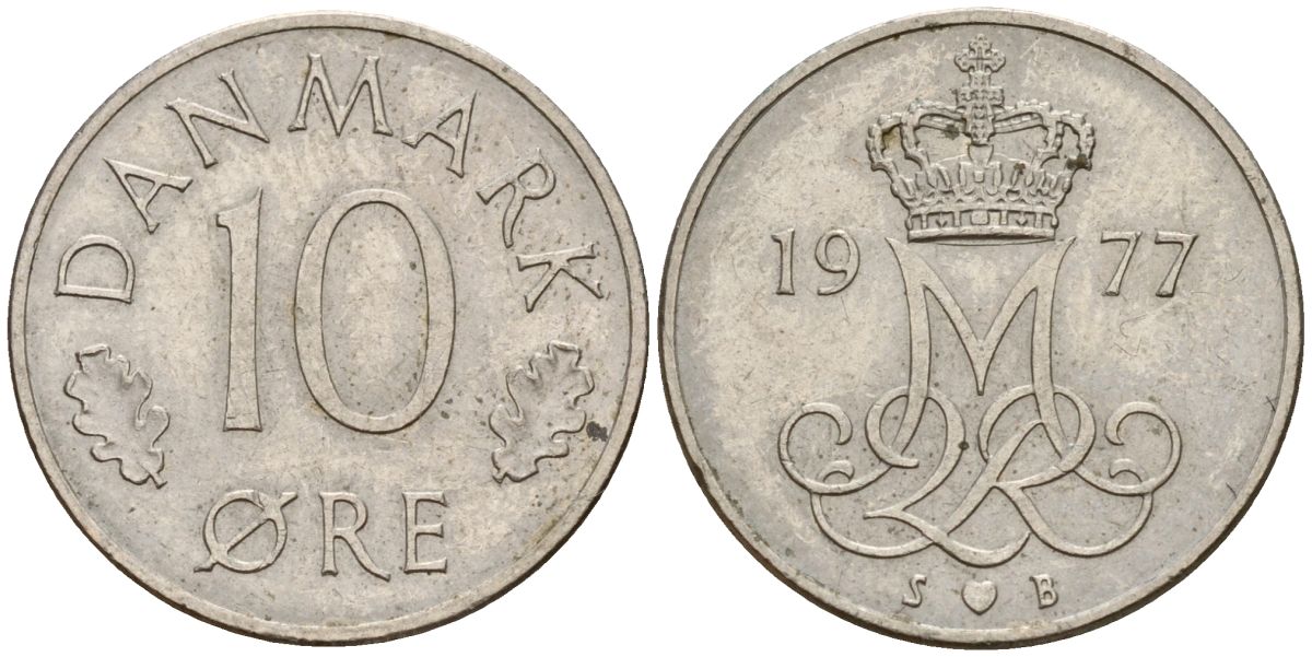 Дания 10 эре 1977 Маргрете II (1973 - 1988) KM 860 медно-никель 4152-469