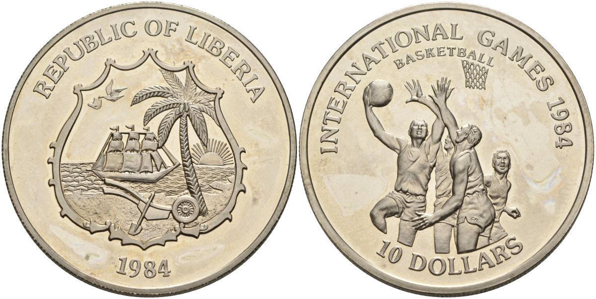 Либерия 10 долларов 1984 международные игры по баскетболу KM X 2 медно-никель BUNC 1098-4-61