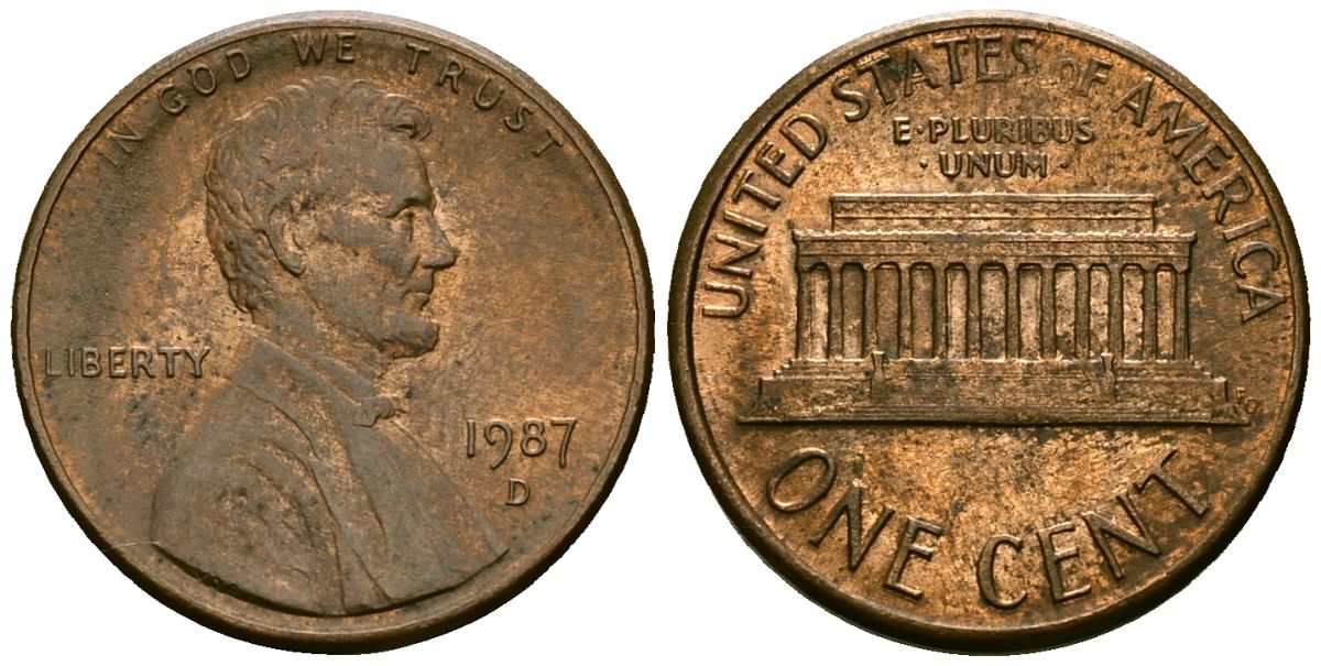 США 1 цент 1987 D, Линкольн KM 201b цинк плакированный медью 4136-332
