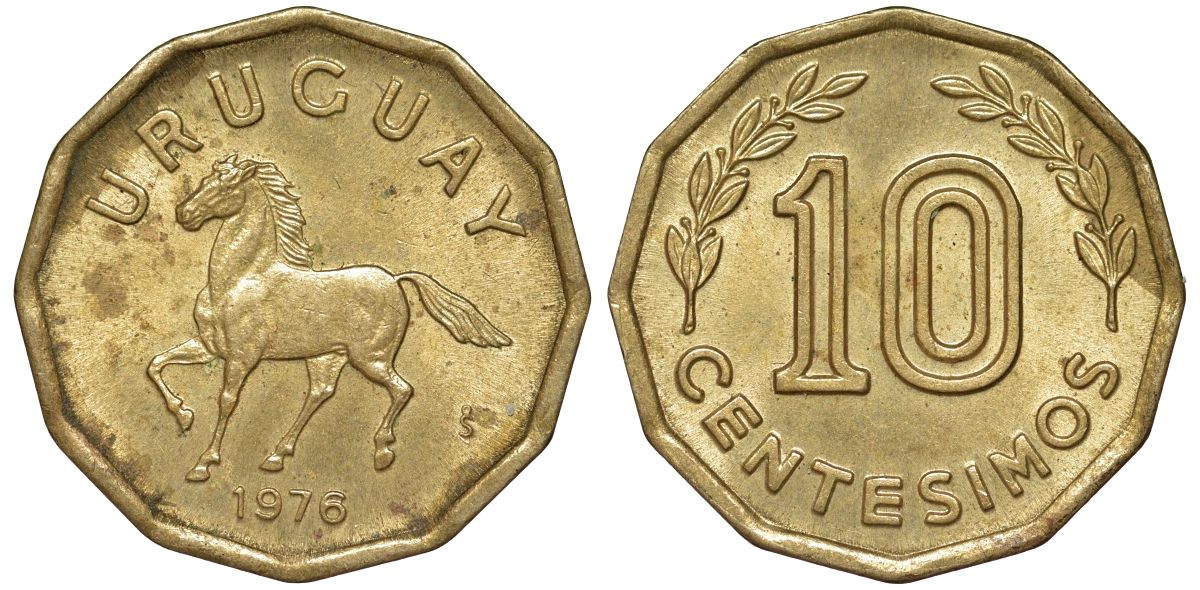 Уругвай 10 сентесимо 1976 KM 66 алюминиевая бронза 4164-732