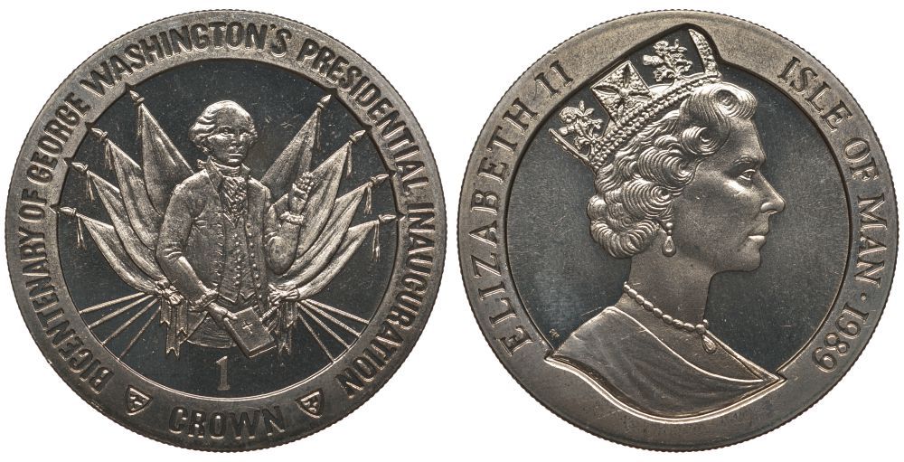 ОСТРОВ МЭН 1 КРОНА 1989 200 ЛЕТ ИНАУГУРАЦИИ ПРЕЗИДЕНТА ВАШИНГТОНА, ПРИНЕСЕНИЕ ПРИСЯГИ, ФЛАГИ KM 249 медно-никель UNC 1078-4-41