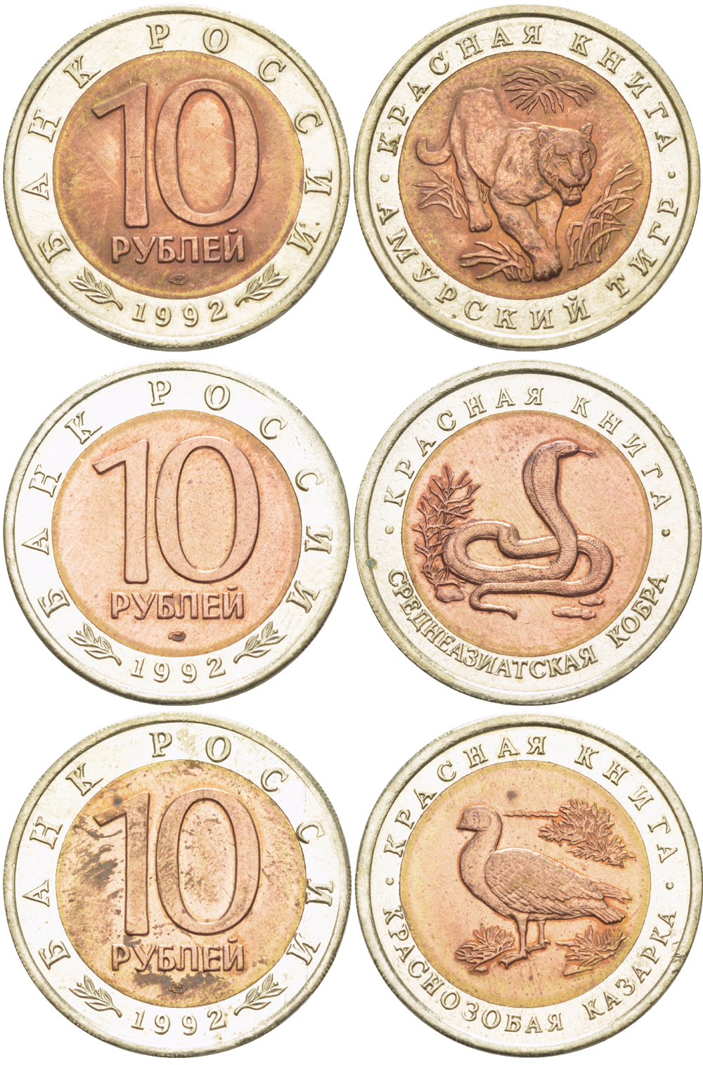 Россия лот из 3 монет по 10 рублей 1992 серия Красная книга, краснозобая казарка, амурский тигр, среднеазиатская кобра KM 307, 308, 309 биметалл UNC 413-415