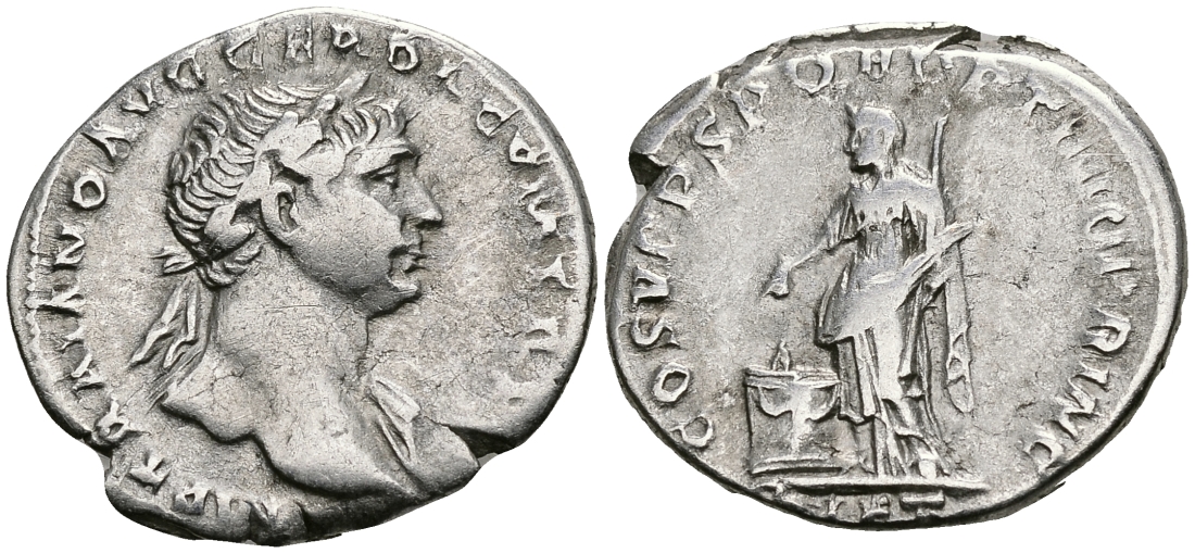 Римская Империя денарий 103 - 111 Траян COS V PP SPQR OPTIMO PRINC PIET Пиетата, персонификация Благочестия Рим Very fine RIC 104 серебро 1073-4-1-3