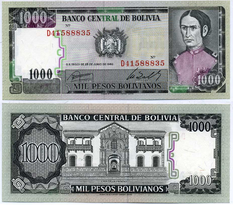 Боливия 1000 песо боливиано 1982 Хуана Асурдуй де Падилья Pick 167a (3) бумага UNC (пресс) 6289-5-1-1