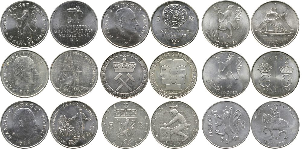 Норвегия лот из 9 юбилейных монет по 5 крон 1973-1997 KM 421, 422, 423, 428, 430, 456, 458, 459, 461 медно-никель UNC M46-21