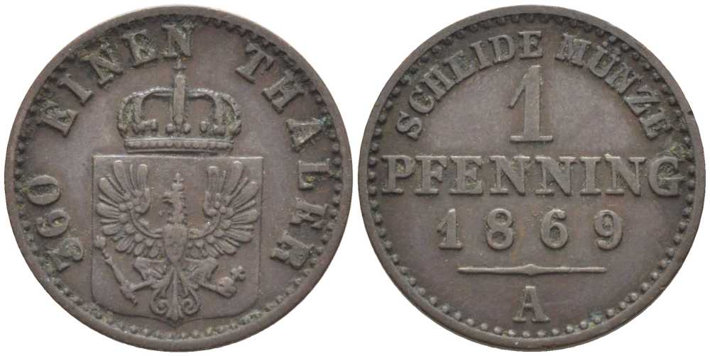 ПРУССИЯ 1 ПФЕННИГ 1869 А, ВИЛЬГЕЛЬМ I (1861-1888) KM 480 медь 201-556