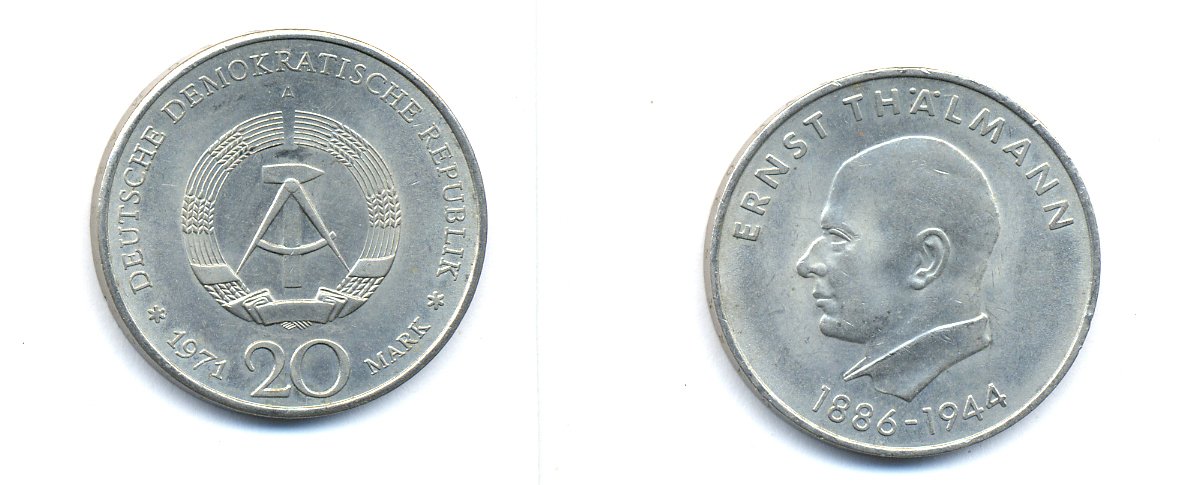 ГДР 20 марок 1971 A, 85 лет со дня рождения Эрнста Тельмана KM 34, J. 1535 медно-никель 3333-642