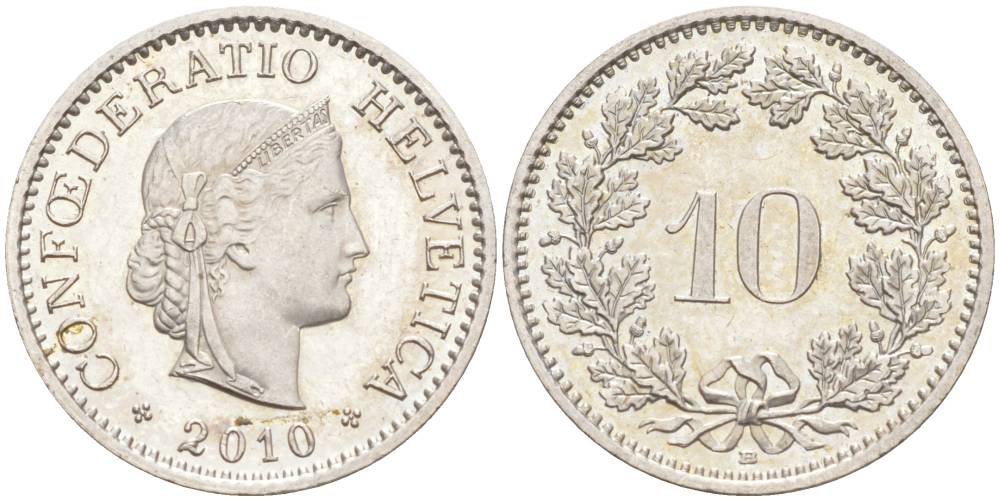 ШВЕЙЦАРИЯ 10 РАППЕНОВ 2010 В KM 27 медно-никель 55-551