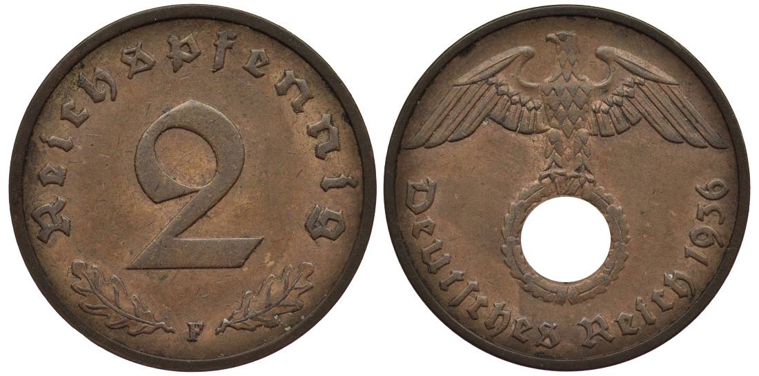 ГЕРМАНИЯ 2 РЕЙХСПФЕННИГА 1936 F, РЕДКАЯ KM 90, Jager 362 бронза 4546-853