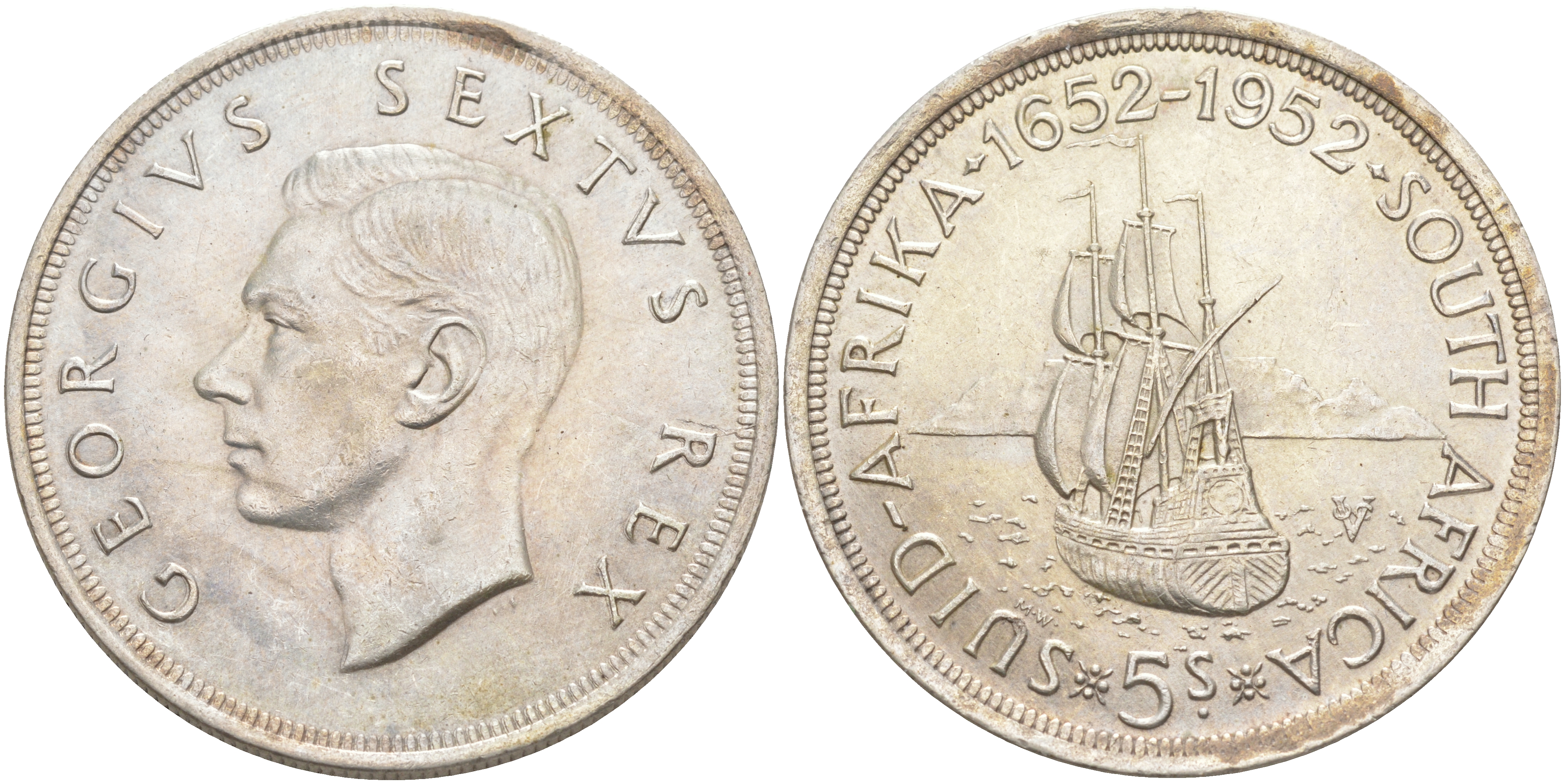 ЮАР 5 шиллингов 1952 Георг VI (1937-1952), 300 лет основания Кейптауна, парусник KM 41 серебро aUNC 1074-4-11