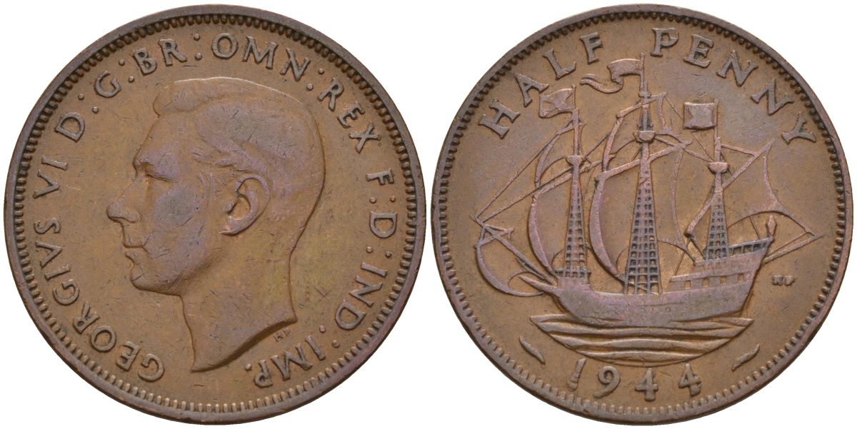 Великобритания 1/2 пенни 1944 Георг VI (1936-1952) KM 844, Spink 4115 бронза 4153-827