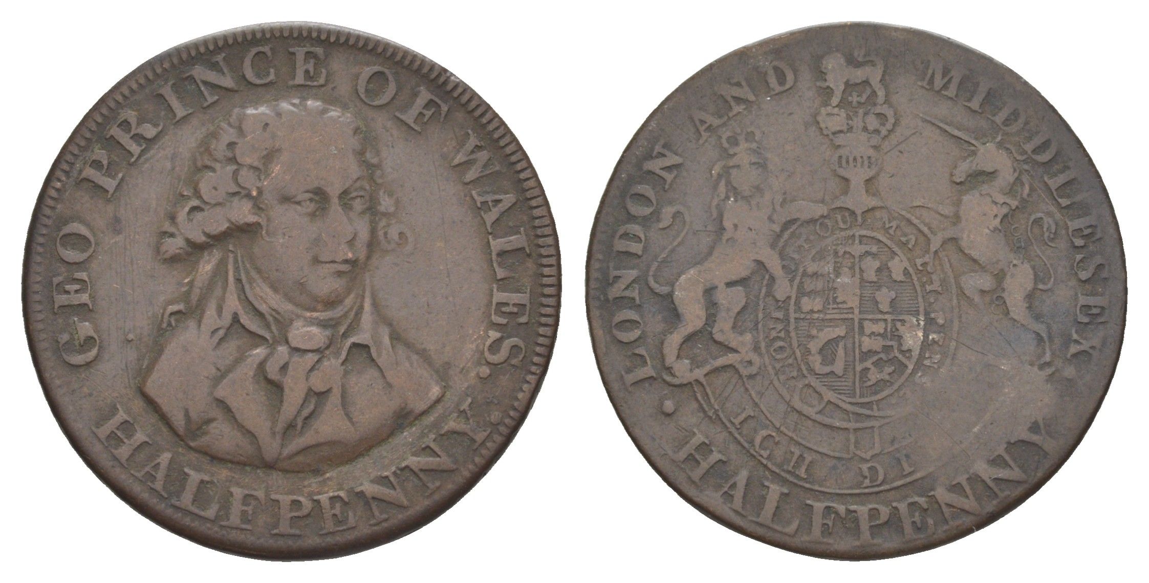 Великобритания, Мидлсекс 1/2 пенни ND (1787-1797) Национальная серия - Принц Уэльский, гурт - надпись, токен Dalton & Hamer 953a медь 1526-712