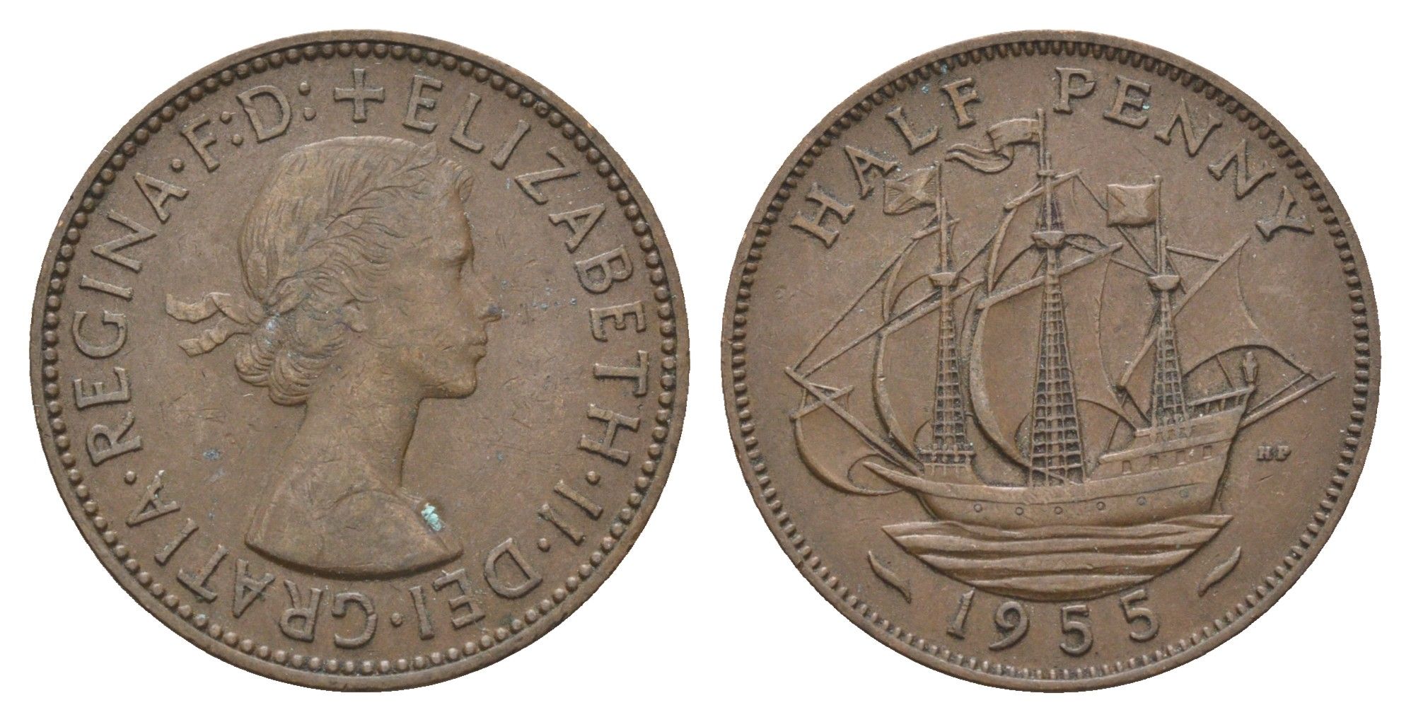 Великобритания 1/2 пенни 1955 Елизавета II (1952-2022) KM 896, Spink 4158 бронза 4662-1135