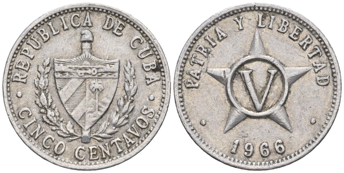 Куба 5 сентаво 1966 KM 34, JMA 42, Y 28, Schoen 32 алюминий 4114-115