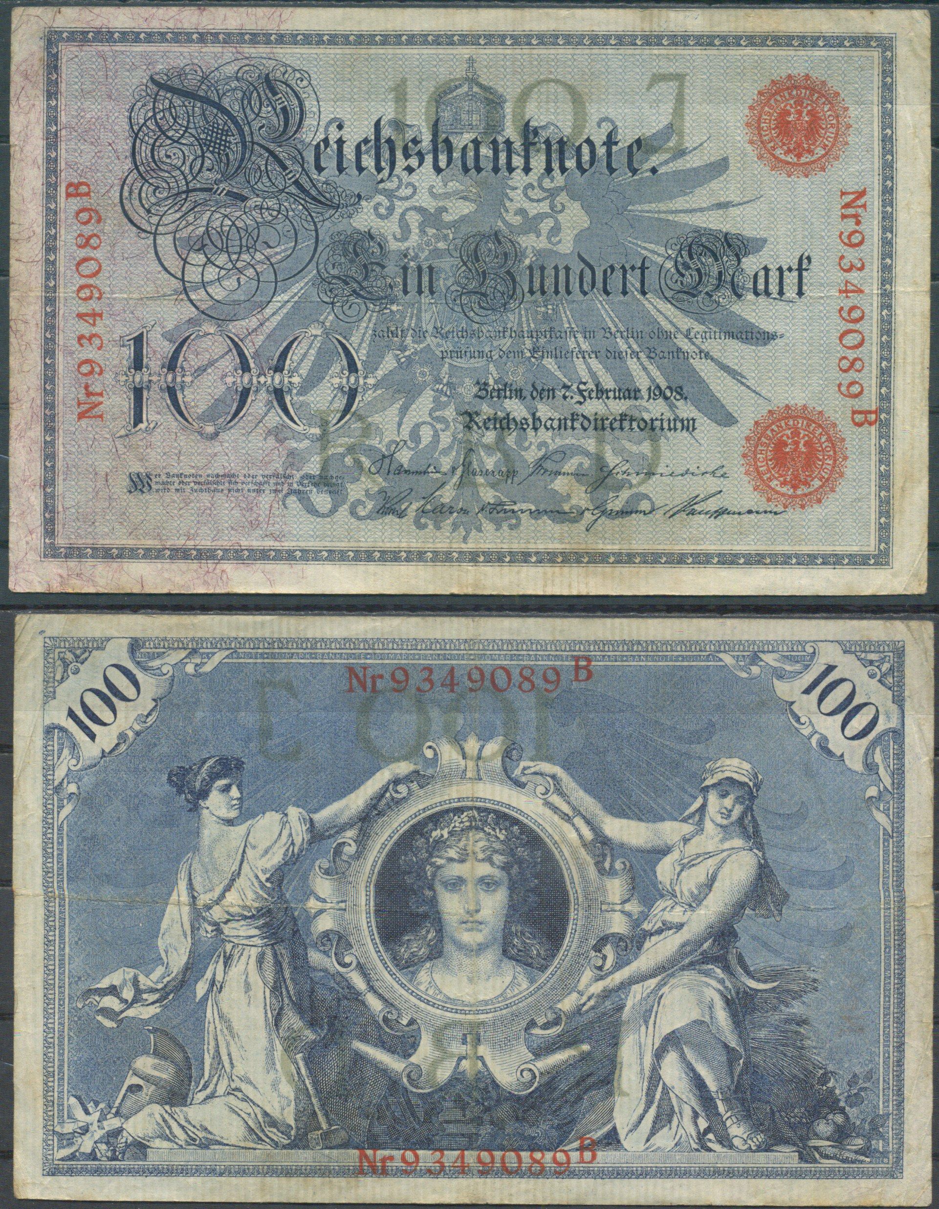 Германия 100 марок 1908 Pick 33 бумага 6285-49-2-2