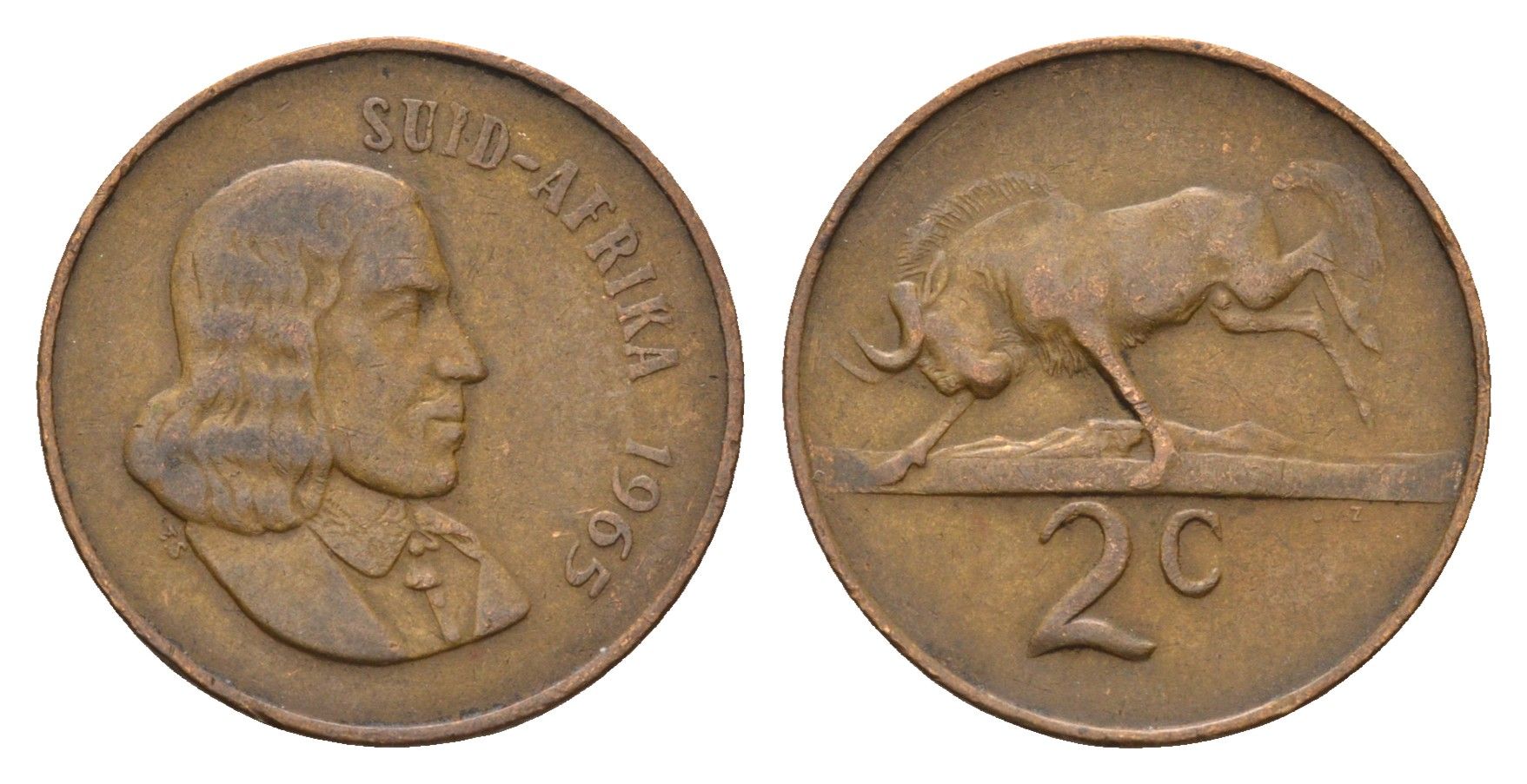 ЮАР 2 цента 1965 Ян ван Рибек (1619-1677), Suid Africa, легенда на африкаанс, антилопа KM 66.2 бронза 4660-916