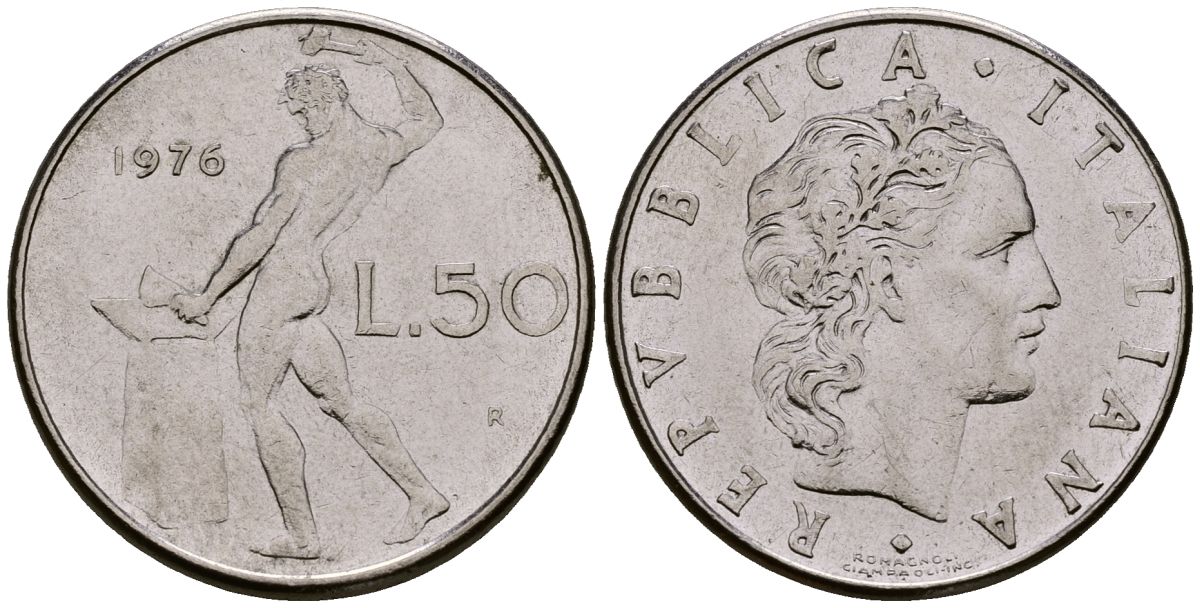 Италия 50 лир 1976 KM 95.1 нержавеющая сталь 4176-237