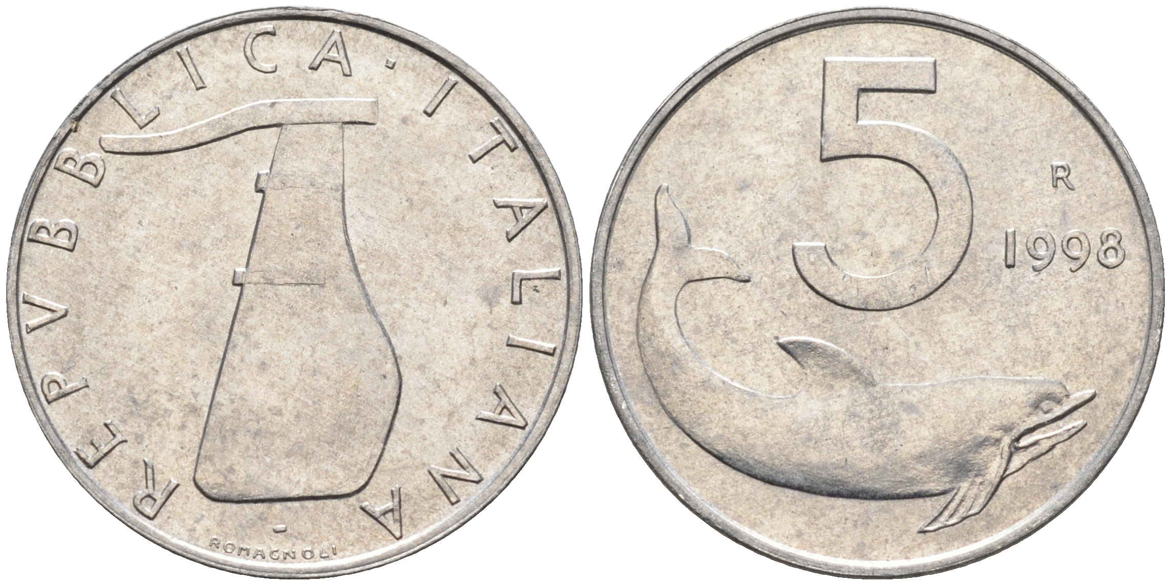 Италия 5 лир 1998 R, дельфин KM 92 алюминий  UNC  4594-818