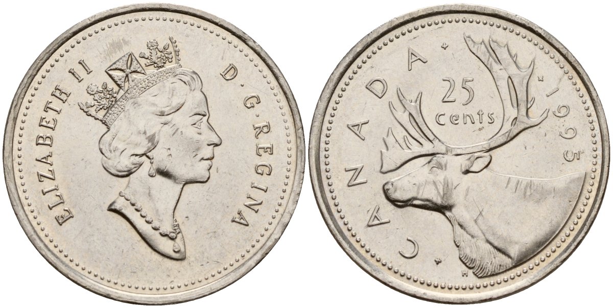 Канада 25 центов 1995 Елизавета II (1953-), олень, третий портрет в короне KM 184 никель 4163-215