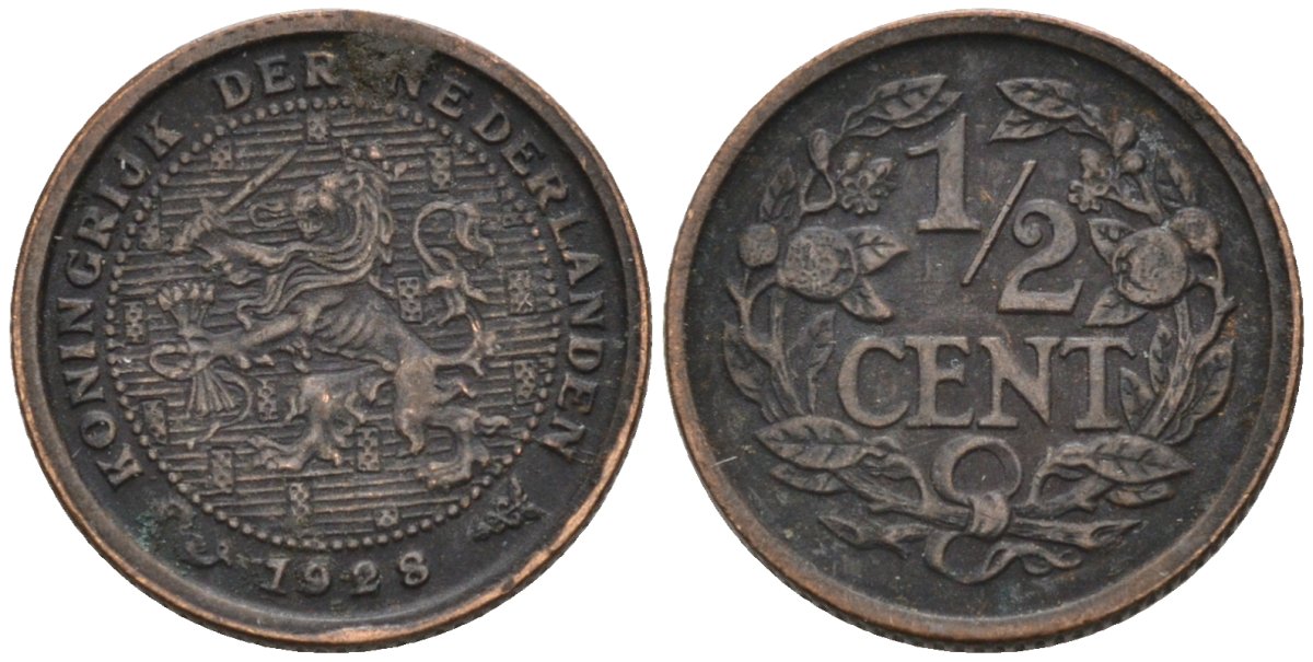 Нидерланды 1/2 цента 1928 Вильгельмина (1890-1948) KM 138 бронза 4576-447