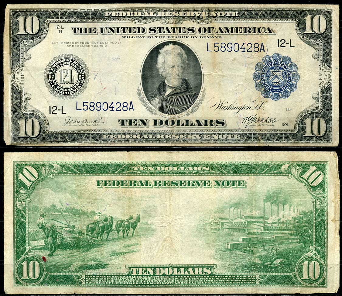 США 10 долларов 1914 L - Сан-Франциско, Эндрю Джексон - 7-й президент США Pick 360 b L(1)   бумага 000-00-00