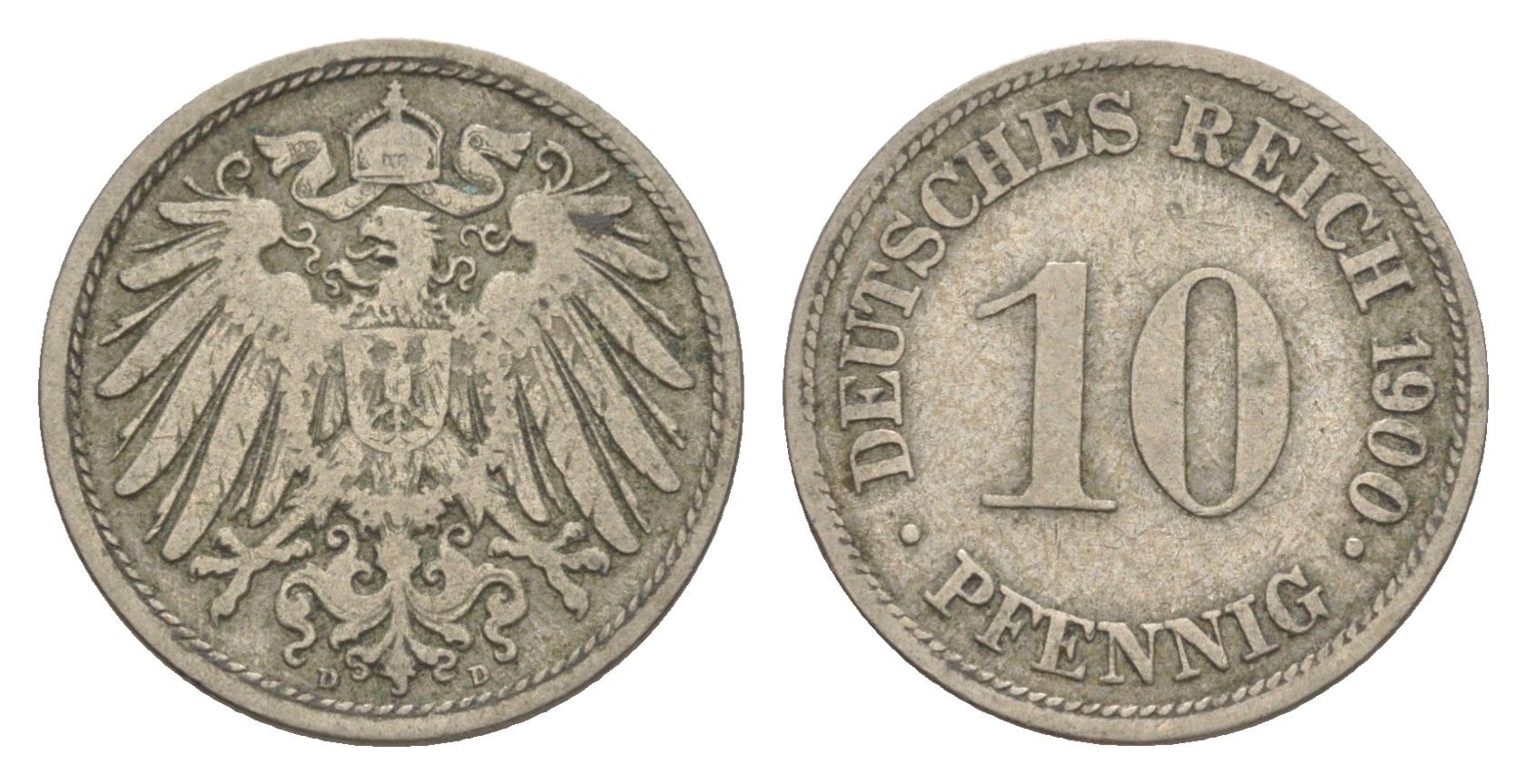 Германия 10 пфеннигов 1900 D, Вильгельм II (1888-1918) KM 12, J. 13 медно-никель 4644-1153