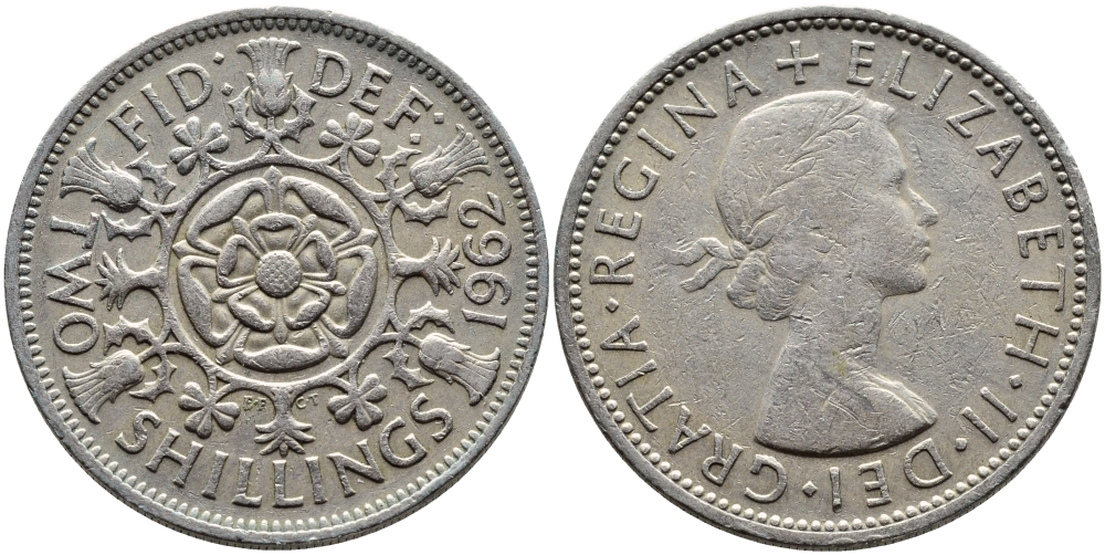 Великобритания 2 шиллинга (флорин) 1962 Елизавета II (1952-2022) KM 906, Spink 4146 медно-никель 4389-915