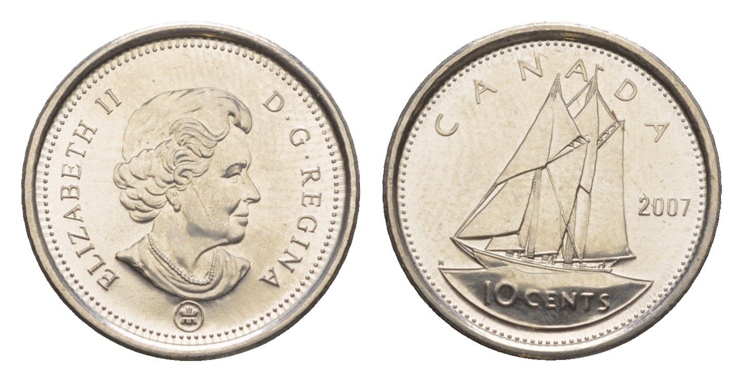 Канада 10 центов 2007 Leaf, Елизавета II (1952-2022), парусник KM 492 сталь плакированная никелем UNC 4636-646