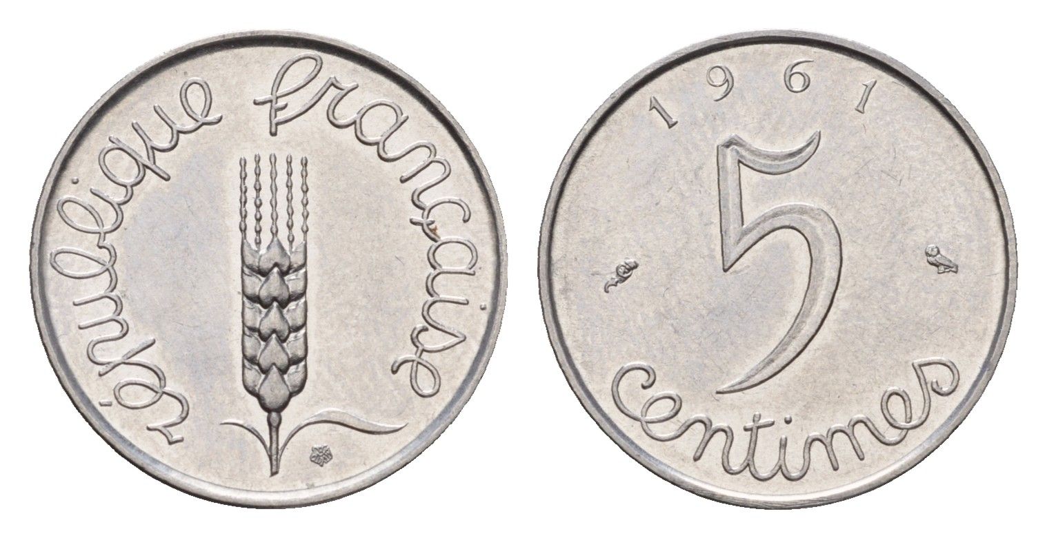 Франция 5 сантимов 1961 KM 927 нержавеющая сталь UNC 4630-243