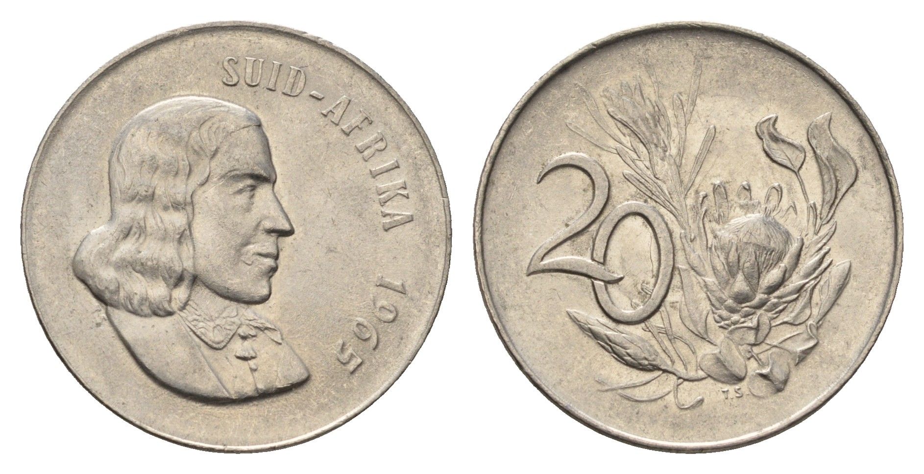 ЮАР 20 центов 1965 Ян ван Рибек (1619-1677), Suid Africa, легенда на африкаанс, цветок протея KM 69.2 никель 4693-647