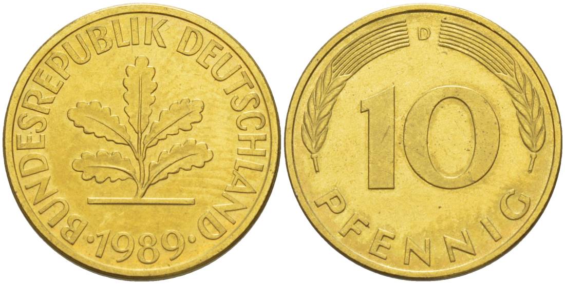 ФРГ 10 ПФЕННИГОВ 1989 D KM 108, J. 383 сталь плакированная латунью 219-544