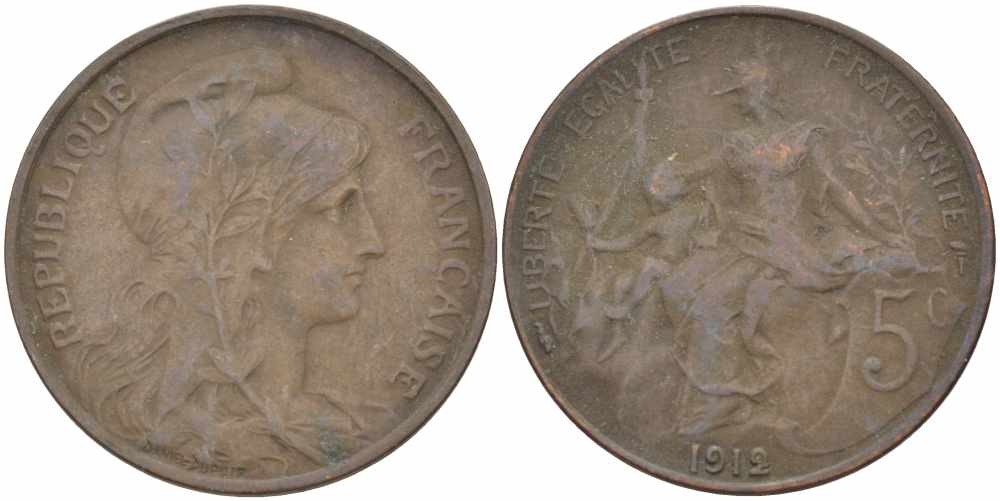 ФРАНЦИЯ 5 САНТИМОВ 1912 ТИП ДАНИЭЛЬ ДЮПЮИ KM 842, LE FRANC 119.24 бронза 108-941
