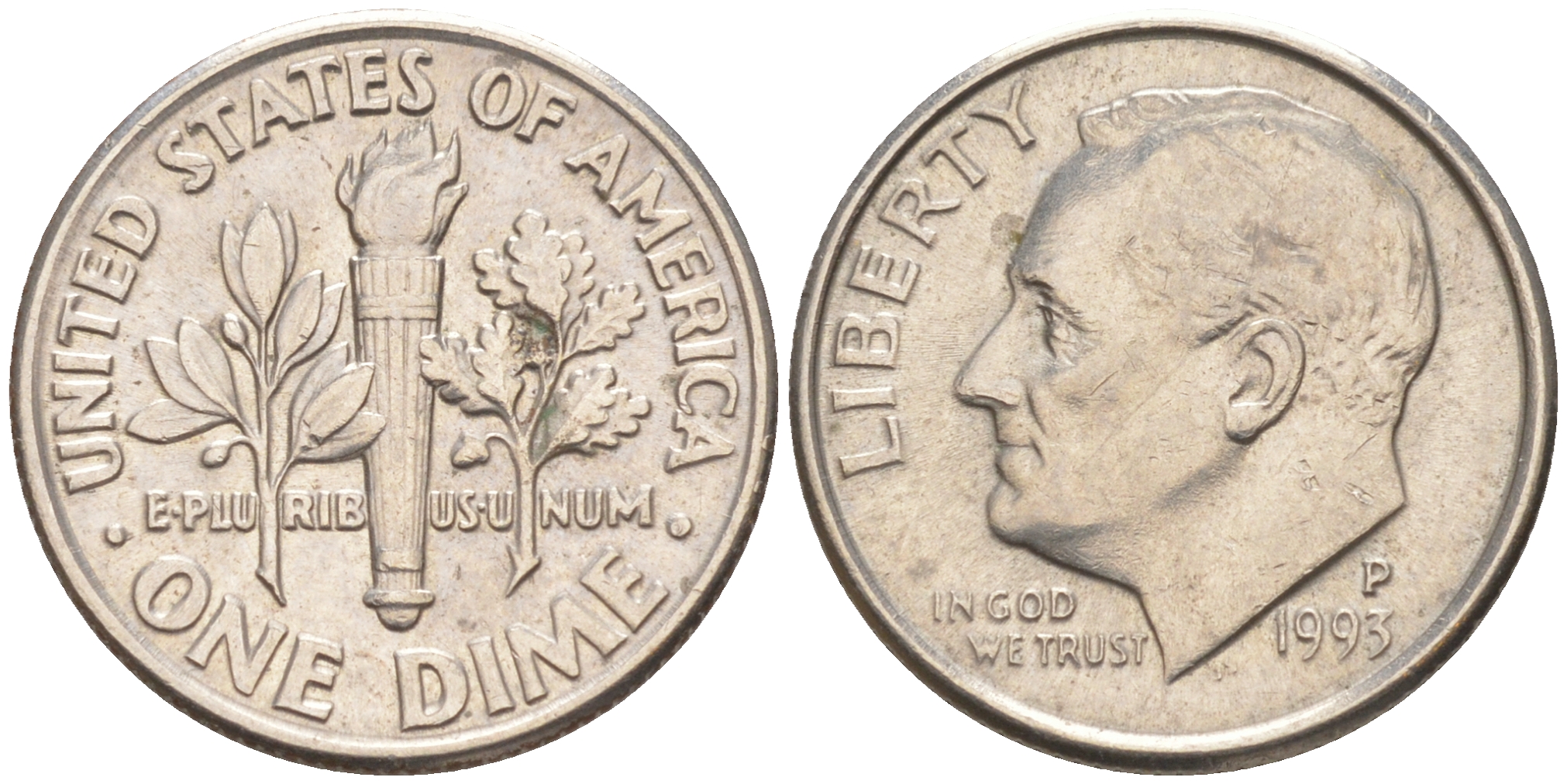 США 10 ЦЕНТОВ = 1 ДАЙМ 1993 P, РУЗВЕЛЬТ KM 195a медь плакированная медно-никелем 187-1069