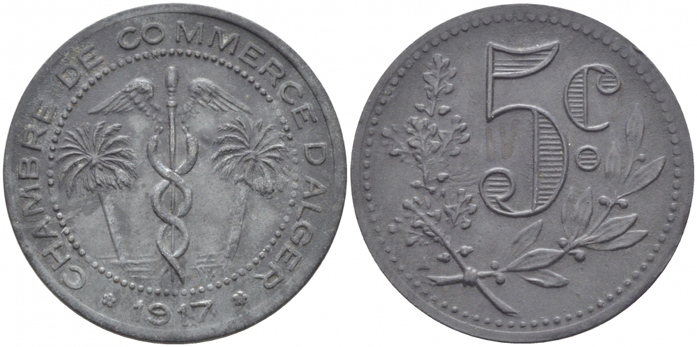 Алжир, Французская оккупация 5 сантимов 1917 Alger Chamber of Commerce KM TnA3 цинк 5010-543