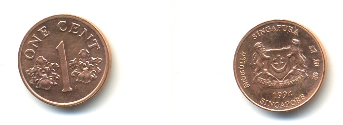 Сингапур 1 цент 1994 sm KM 98 цинк плакированный медью UNC 4364-746