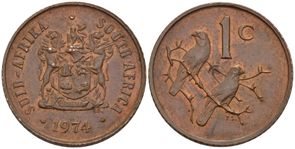 ЮАР 1 цент 1974 герб, капские воробьи KM 82 бронза 66-254