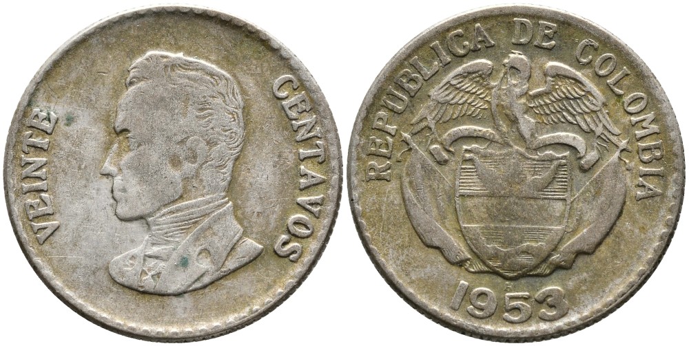 КОЛУМБИЯ 20 СЕНТАВО 1953 В, СИМОН БОЛИВАР, ПРОБА 300 KM 213 серебро 4529-844